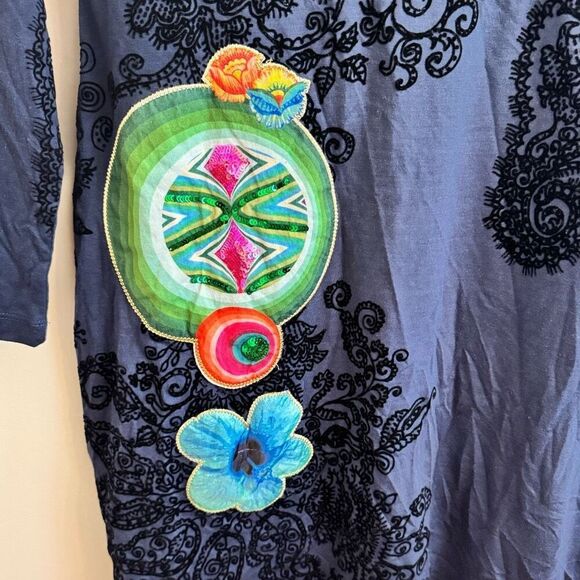 Desigual Long Sleeve Navy Blue Dress Black Velvet Paisley Floral Appliqué Large - Picture 3 of 5